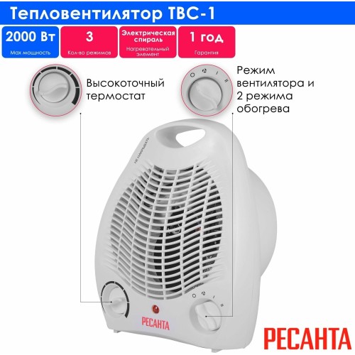 Тепловые пушки Ресанта ТВС-1 [67/2/1] Тепловентилятор { спиральный, вентилятор/1000/2000 Вт, защита от перегрева }